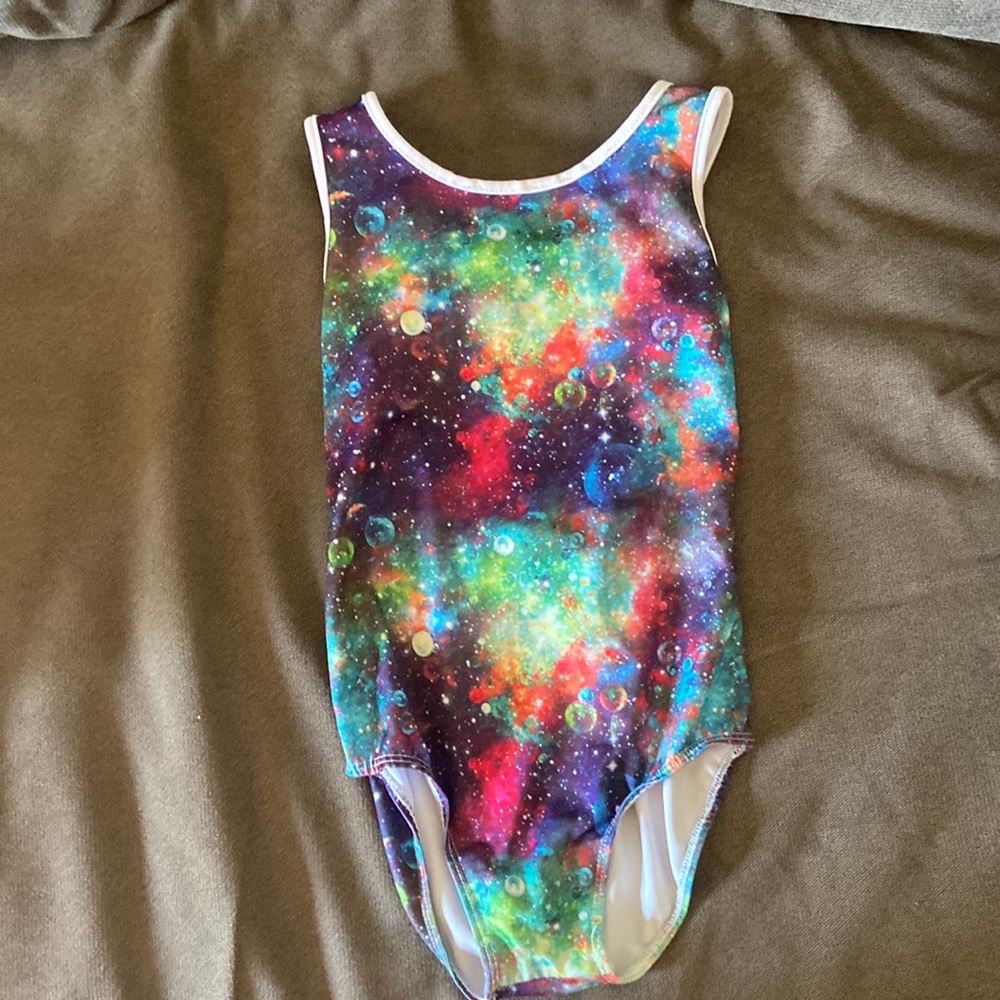 Girls galaxy leotard with open back.